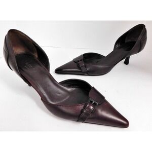 Gucci Brown Leather Pointed Buckle Kitten Heel Pumps Sz 35 C